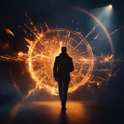 a man standing in the middle of a tunnel at night