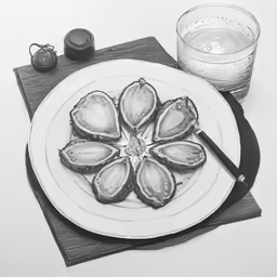 drawing of a dish of oysters with a glass of water
