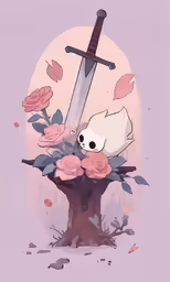 a drawing of a skull holding a sword and flowers