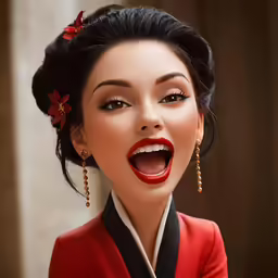the doll has a red and black suit and gold earrings