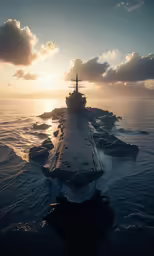a large military ship with several smaller ships next to it