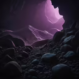 some rocks water and purple light at night