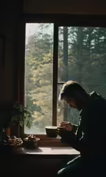 a man is eating at a kitchen table by a window