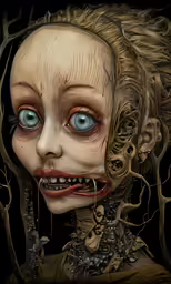 a portrait painting with a creepy woman and hair