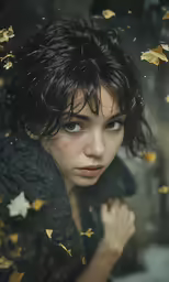 the woman has black hair and is staring off