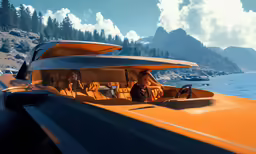 the interior of a motor boat on the water