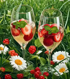 two glasses of wine with strawberries on the rims