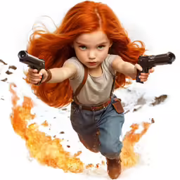 young child with orange hair running with guns in hands