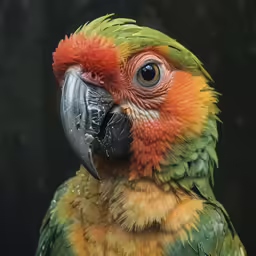 an orange, green and yellow parrot staring off in the distance