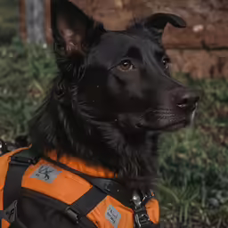 the black dog is sitting wearing an orange harness