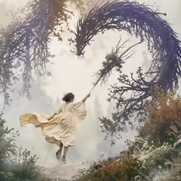 there is a woman holding a branch in the air