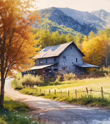 an old run down house in the middle of a rural countryside,a barn sits along a dirt road near a mountain