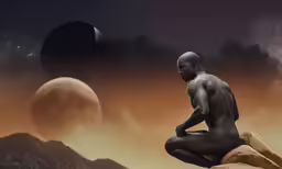 a black man kneeling in front of a dark - skinned world