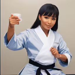 a girl in blue is holding onto a white cup