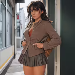a woman standing next to a building with no underwear