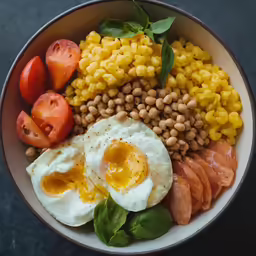 a bowl with tomatoes, beans, ham, beans and an egg on it