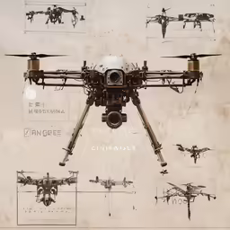 a large propeller quad rotor structure sitting on top of a sheet of paper