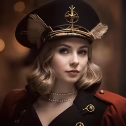 a woman in a black hat and gold accessories