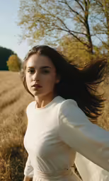 a woman wearing a white gown walks across a field