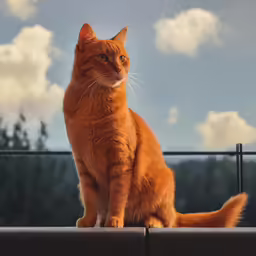 a cat sitting on a rail looking upward