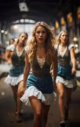 a group of young ladies wearing short skirts and heels