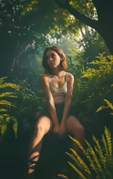 a woman is sitting on the grass with sun shining through her hair