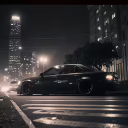 the car is stopped at an intersection at night
