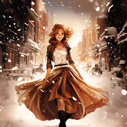 a girl is walking through the city on a snowy day,a woman walking through the snow in a dress