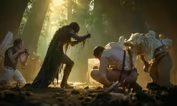 a group of men standing next to each other in the forest