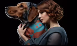 a woman is holding a brown and black dog