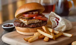 a burger, fries and a ketchup
