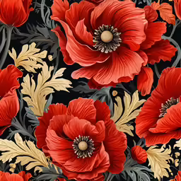 an abstract floral painting on black and red