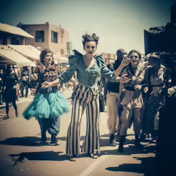 several people dressed up as witches walking in the street