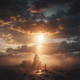 people walking down a trail in front of the sun