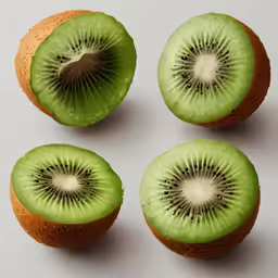 a kiwi fruit cut in half on a white table