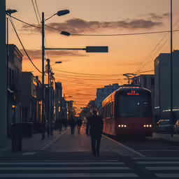 a man stands at a street corner with a train on the tracks