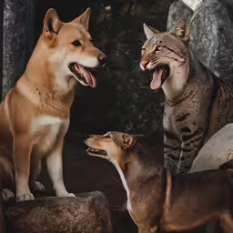 two cats and a dog are together outside