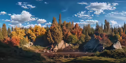 a landscape painting depicting different types of trees