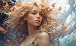 a woman with long hair and butterflies around her head