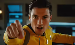 a man pointing to the camera and making an angry face