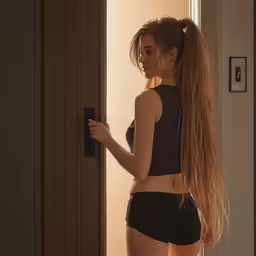 a young girl wearing a sexy black bra showing her slender body