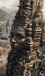 a woman in an elaborate costume stands with a mountain in the background