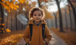 a little boy wearing a jacket is standing in a tree lined path