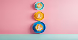 three plates on a pink wall with a logo for wheat