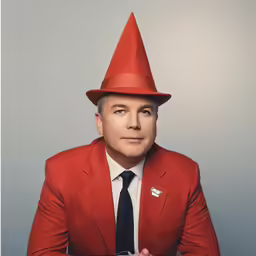 a man in a red suit and a big red gnome hat