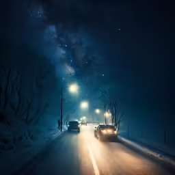 the car drives on the road and is illuminated by street lights