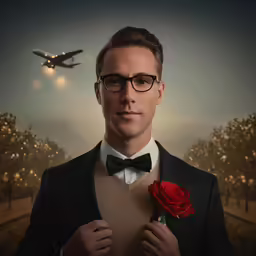 a man in suit and tie holding rose next to an airplane