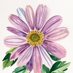 watercolor of a pink flower and green leaves,watercolor painting of a large pink flower