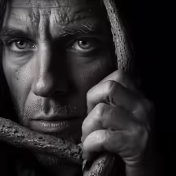 a man with a creepy face and some kind of tree branch