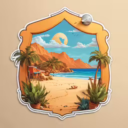 a photo frame with a beach scene on the inside,this sticker depicts a tropical beach with a palm tree in it